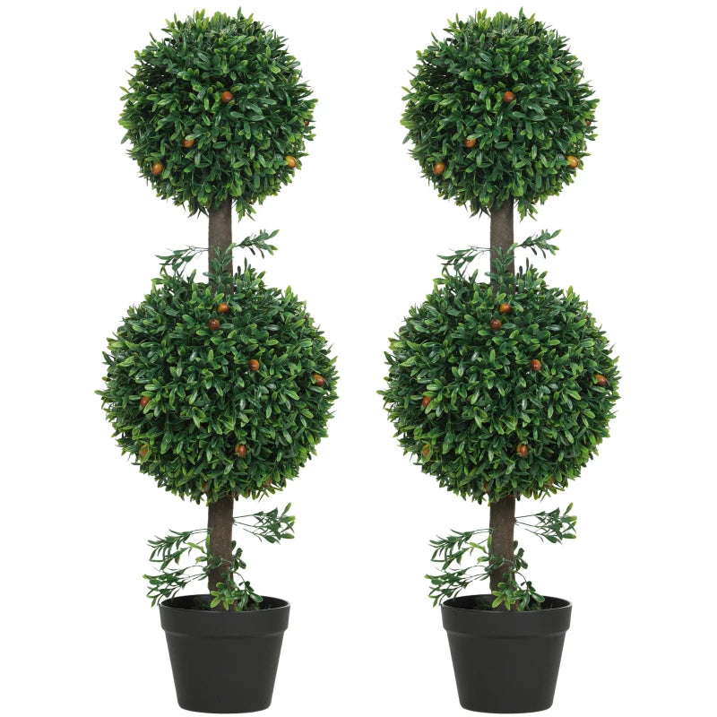 3FT Artificial Boxwood Topiary Tree Set of 2, Faux Two Ball Topiary Tree in Pot for Indoor Outdoor Decor, Green