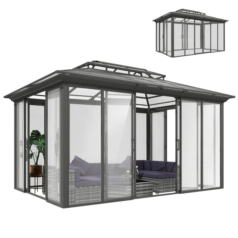 10' x 14' Outdoor Hardtop Gazebo, Aluminum Sun Room Solarium with Sliding Doors, Double Roof Patio Gazebo, Dark Grey