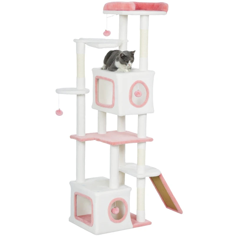 65 Inch Cat Tree with 2 Doors Condos, Plush Top Perch, Hammock, Sisal Scratching Posts, 4 Pompoms, Ramp, White