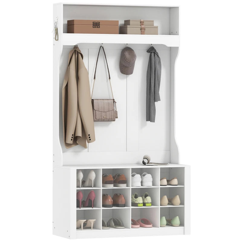 4-In-1 Hall Tree with Bench and Shoe Storage, Farmhouse Coat Rack Shoe Bench with 12 Shoe Cubbies, 6 Hooks, White