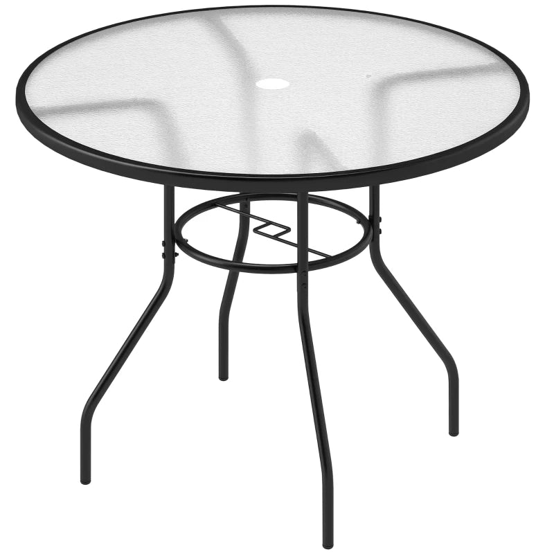 39.4" Round Outdoor Dining Table Coffee Side Bistro Table with Umbrella Hole, Glass Top, Steel Frame for Garden, Patio