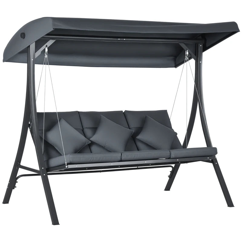 3-Person Patio Swing Chair, Outdoor Porch Swing Bench with Adjustable Canopy, Cushioned Seat, Dark Grey