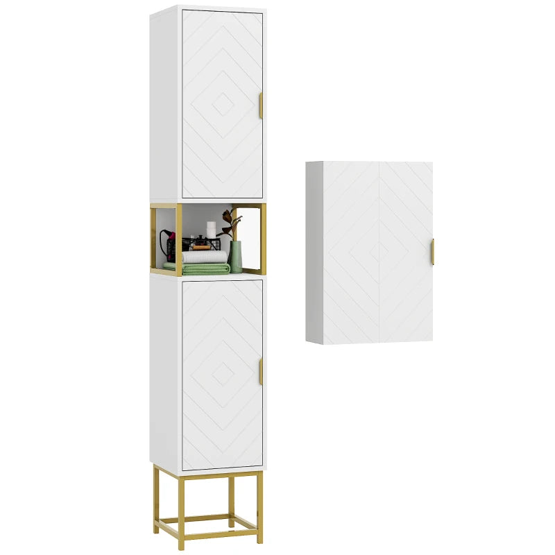 2-Piece Bathroom Storage Cabinet Set, Bathroom Cabinets with Adjustable Shelves, Free Standing, Wall-Mounted, White