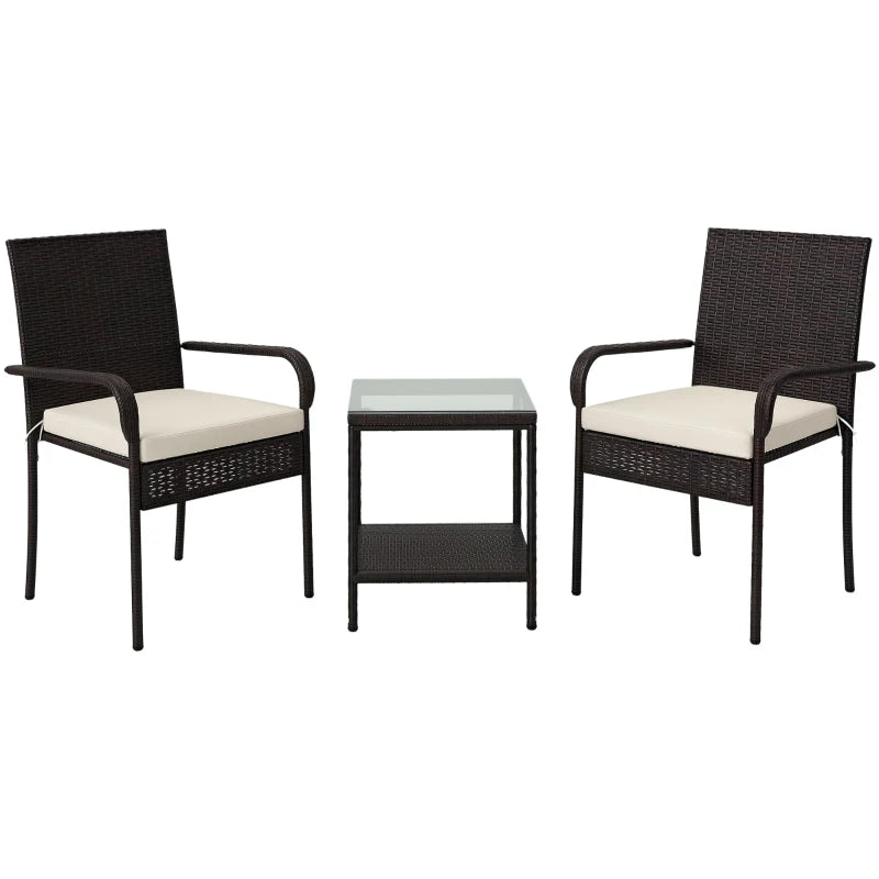 3 Piece Wicker Patio Furniture Set with Stackable Chairs, Washable Cushion, Tempered Glass Top, for Backyard, Brown