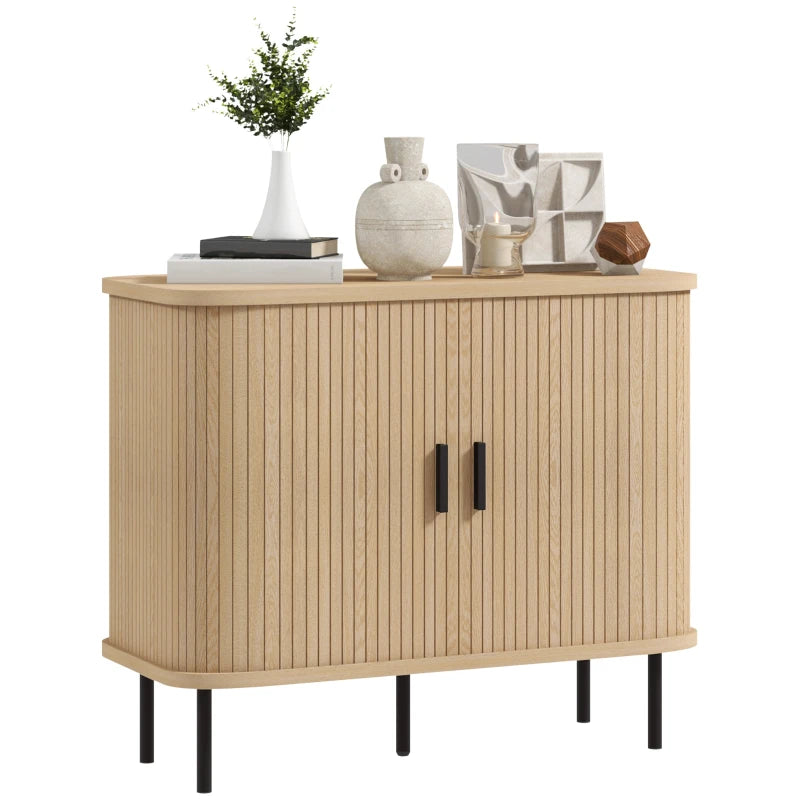 35.4" Sideboard Buffet Cabinet with Storage, Nordic Coffee Bar Cabinet with Slatted Tambour Doors and Metal Legs, Oak