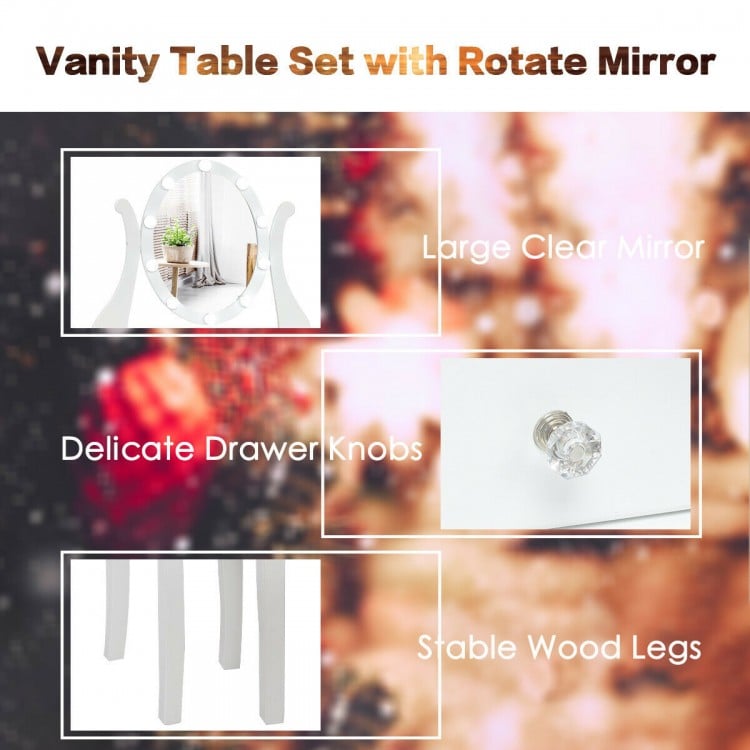 10 Dimmable Lights Vanity Table Set with Lighted Mirror and Cushioned Stool-White