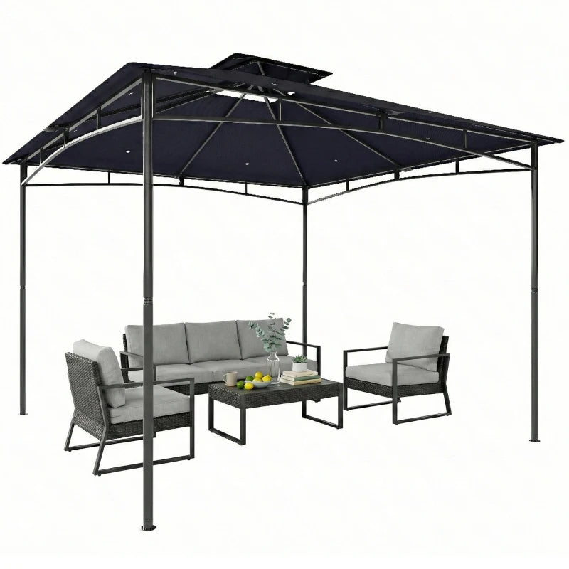 10' x 10' Gazebo, Soft Top Outdoor Gazebo with 2-Tier Roof, Metal Frame, Navy Blue