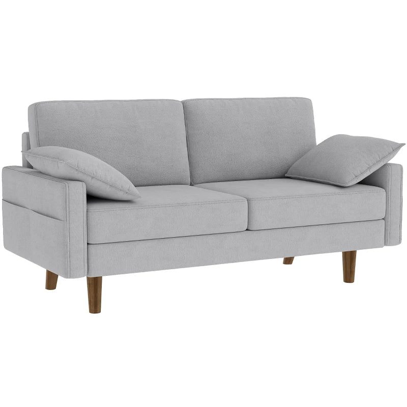 3 Seater Sofa, Velvet Upholstered Couch with Spring Cushions, Rubber Wood Legs and 2 Pillows, Grey