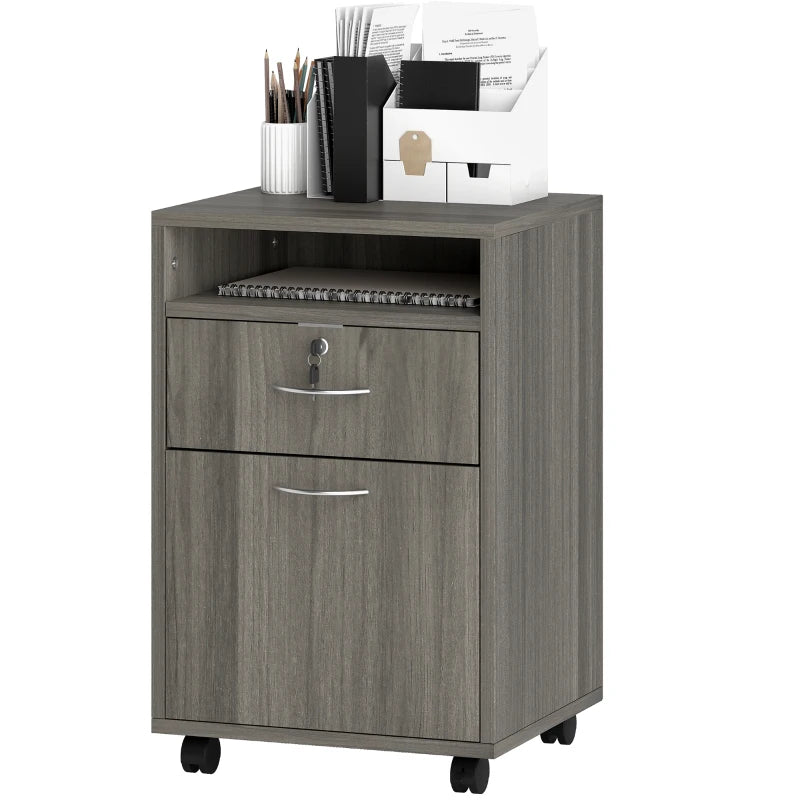 24" Filing Cabinet with Open Compartment, Lockable Drawer and Wheels, Home Office Storage Cabinet, Distressed Grey