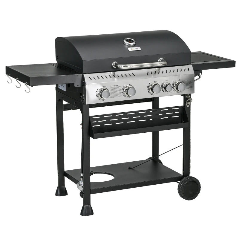 40,000 BTU Propane Gas Grill BBQ Cart with 4 Main Burners, 1 Side Burner, with Warming Rack, Side Prep Tables, Black