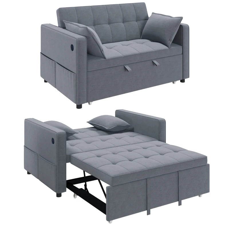 3‑in‑1 Convertible Sofa Bed, Pull Out Sleeper Sofa with USB Charging, Adjustable Backrest, Side Pockets, Dark Grey