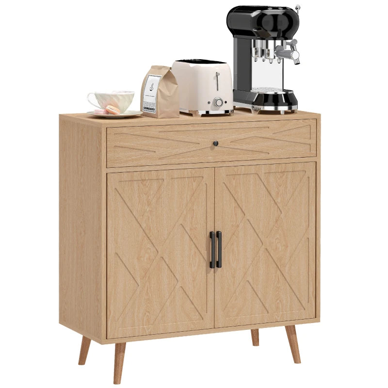 30" Sideboard with Patterned Doors, Buffet Cabinet with Drawer and Cabinet for Dining Room, Oak