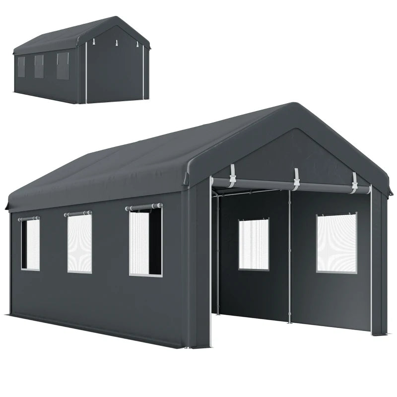 10' x 20' Carport, Heavy Duty Portable Garage with 6 Mesh Windows and 2 Doors, Dark Grey