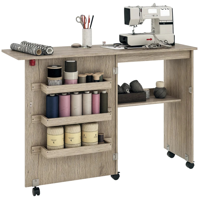Sewing Machine Cabinet, Folding Sewing Table with Storage Shelf, Bins and Lockable Wheels for Small Space, Grey