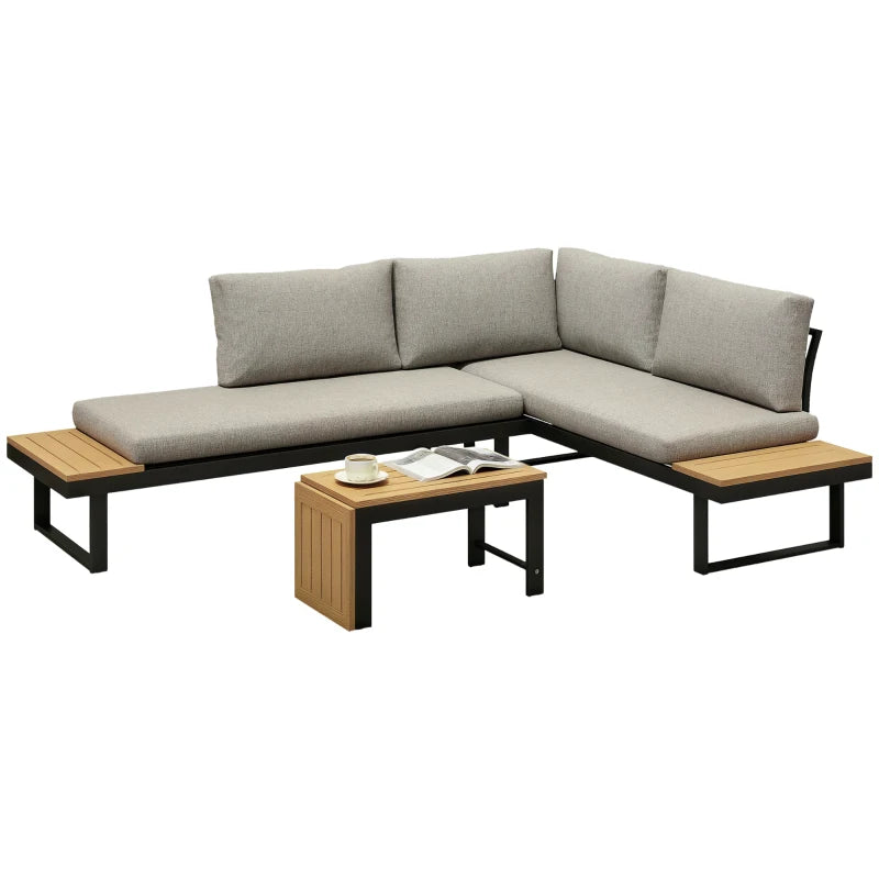 3 Pieces Aluminum Corner Patio Furniture Set Sectional Outdoor Sofa Set with 2 Loveseats Wood-Plastic Coffee Table