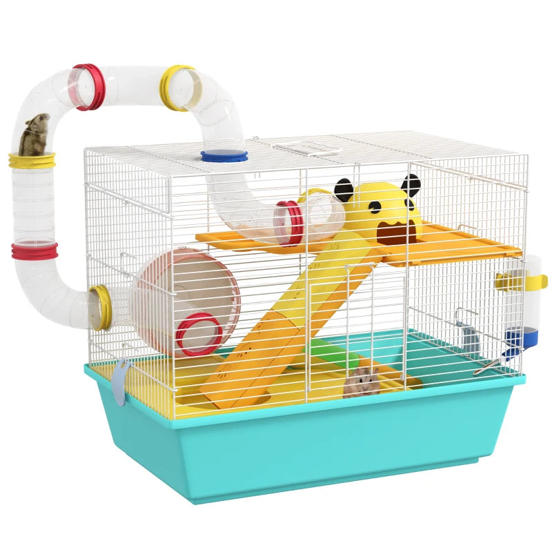 3 Tiers Hamster Cage for Gerbil, Dwarf Hamster with Tunnels, Water Bottle, Exercise Wheel, 18" x 11" x 15" - Light Blue