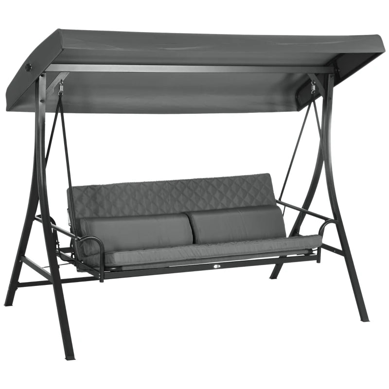 3 Person Porch Swing Bench with Adjustable Canopy, Cushions, Pillows for Porch and Backyard, Dark Grey