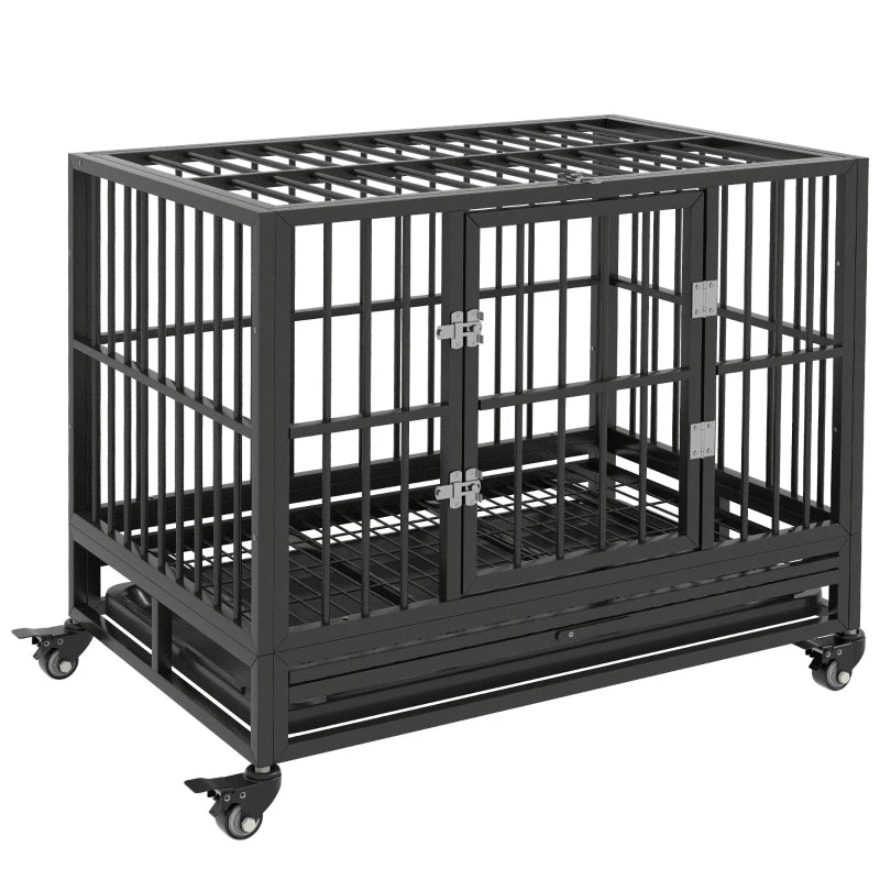 36" Heavy Duty Steel Dog Crate Kennel Pet Cage with Wheels for Convenient Access Anti-Pinching Floor, Grey