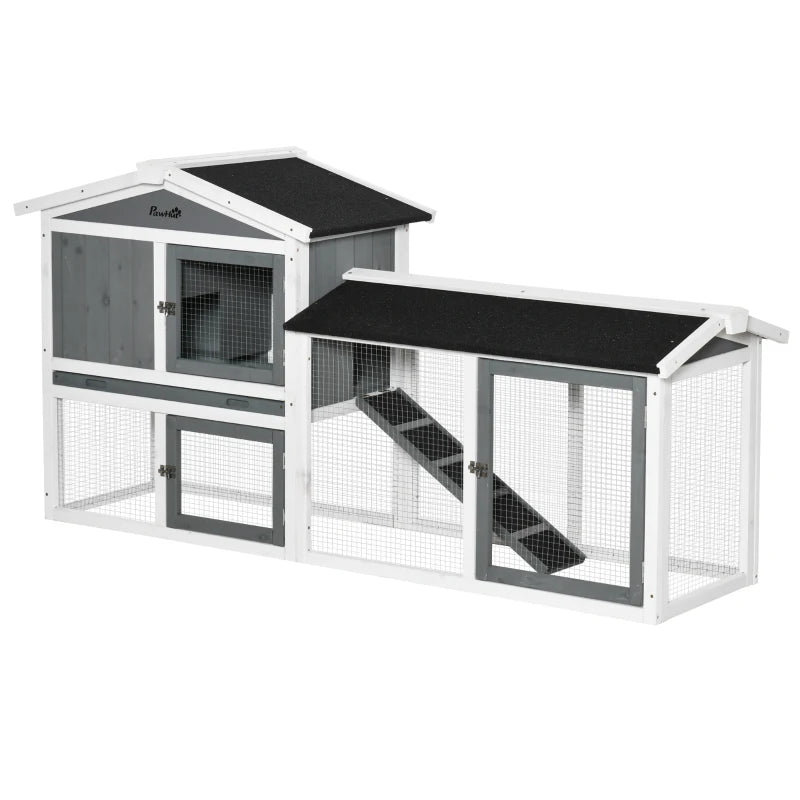 69"L Wooden Rabbit Hutch Pet Playpen Bunny House Enclosure with Run Box, Slide-out Tray, Ramp, White