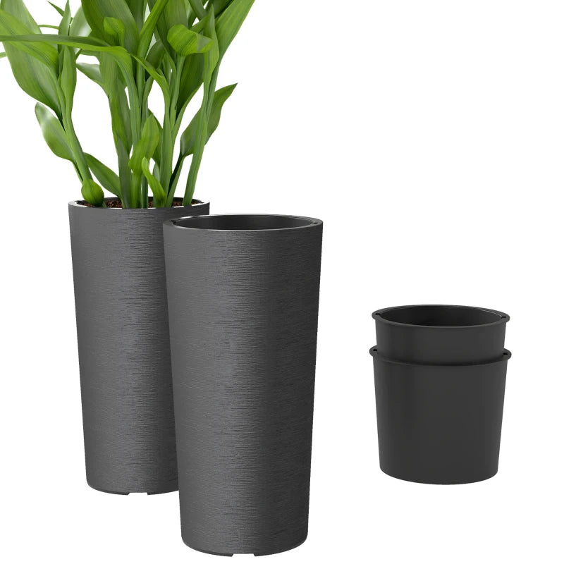 24" Tall Planters Set of 2, Indoor Outdoor Plastic Flower Pots with Inner Bucket and Drainage Holes, Dark Gray