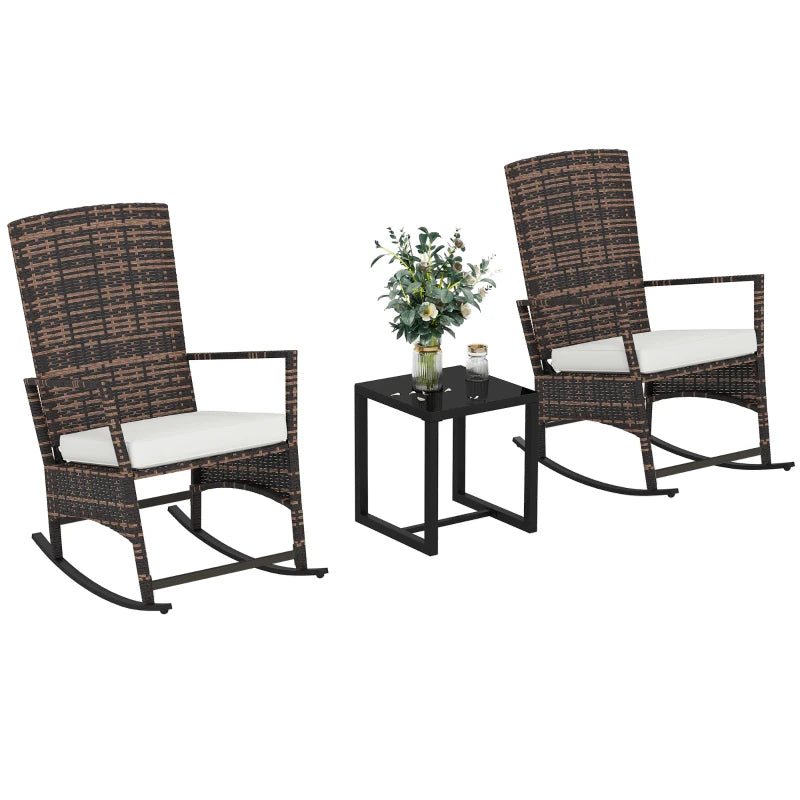 3 Piece Rocking Bistro Set, Wicker Patio Furniture with 3-Level Reclining High Back Rocking Chair and Glass Table, White