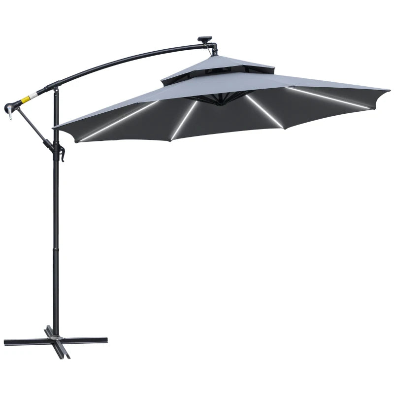 10FT Cantilever Patio Umbrella with Lights Solar Powered Offset Umbrella with Crank and Cross Base for Deck Grey