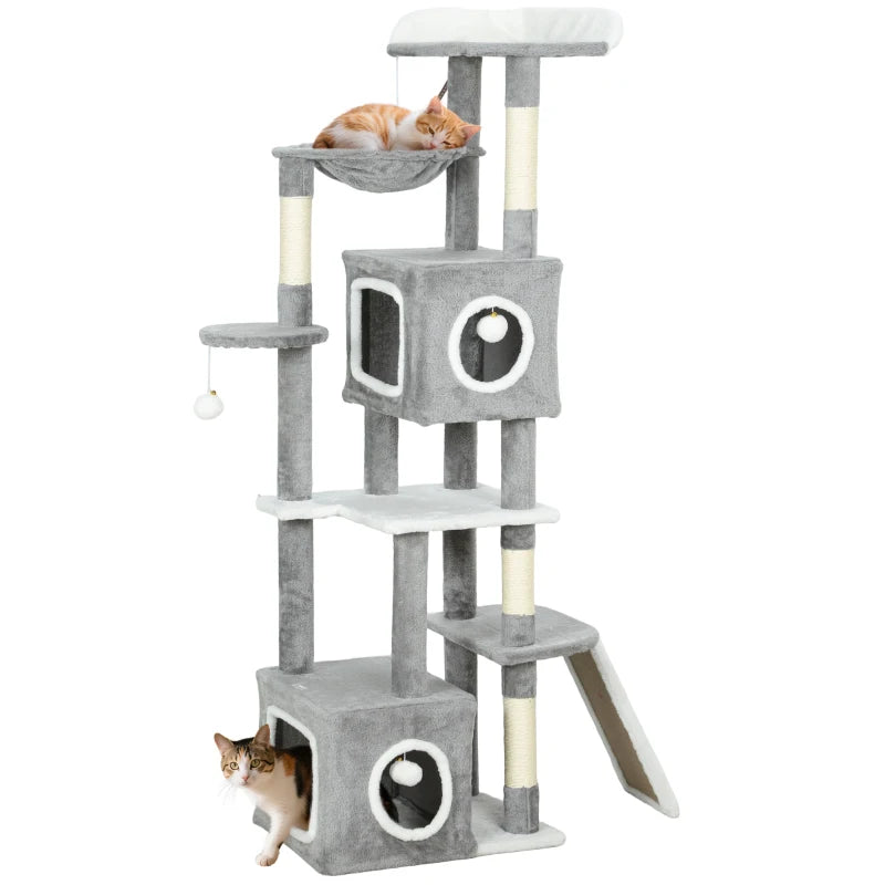 65 Inch Cat Tree with 2 Doors Condos, Plush Top Perch, Hammock, Sisal Scratching Posts, 4 Pompoms, Ramp, Grey