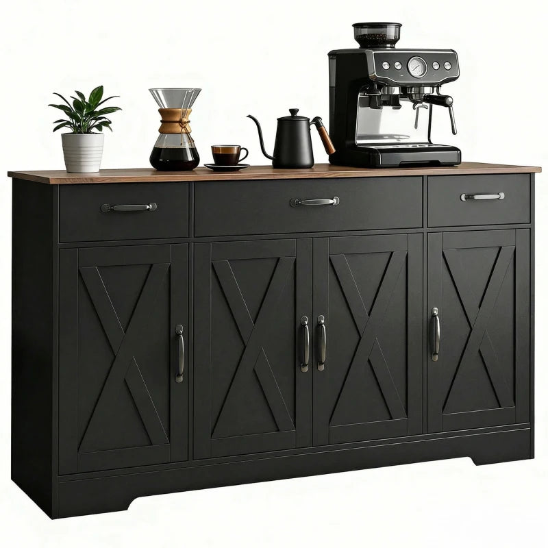 Sideboard Buffet Cabinet, 55" Farmhouse Kitchen Cabinet with 4 Barn Doors, 3 Drawers, 3 Adjustable Shelves, Black