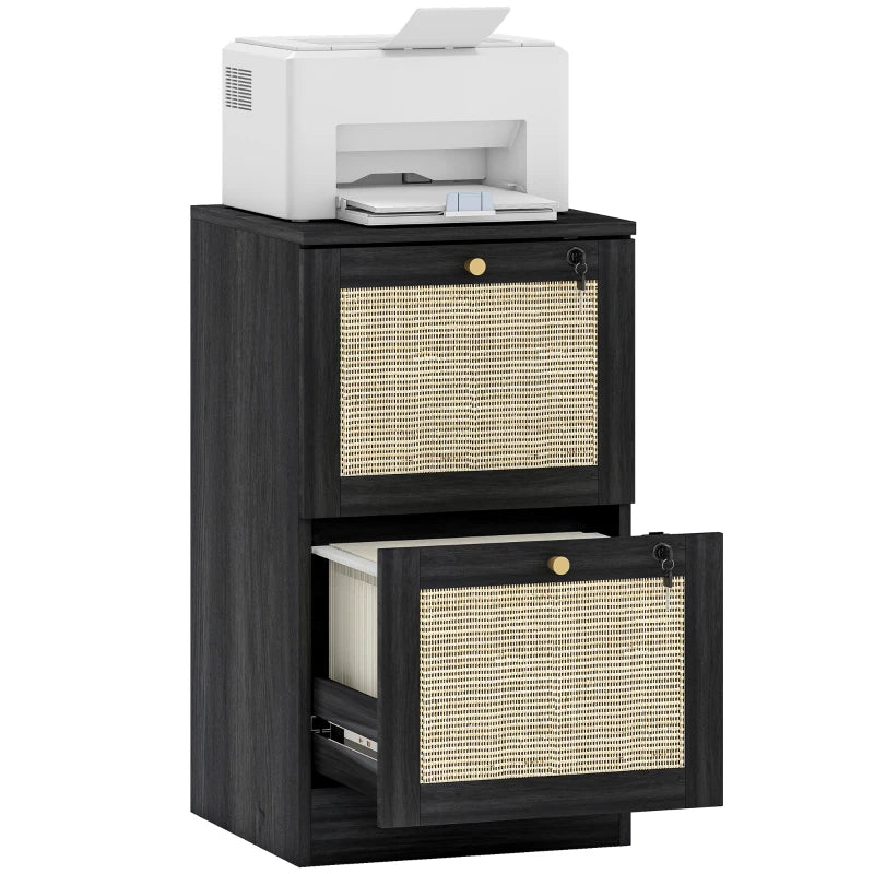 2 Drawer Filing Cabinet with Lock, Boho File Cabinet for A4 Letter Size Files with Decorative Rattan Accents, Black
