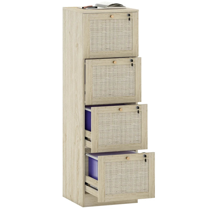 4 Drawer Filing Cabinet with Lock, Boho File Cabinet for A4 Letter Size Files with Decorative Rattan Accents, Oak