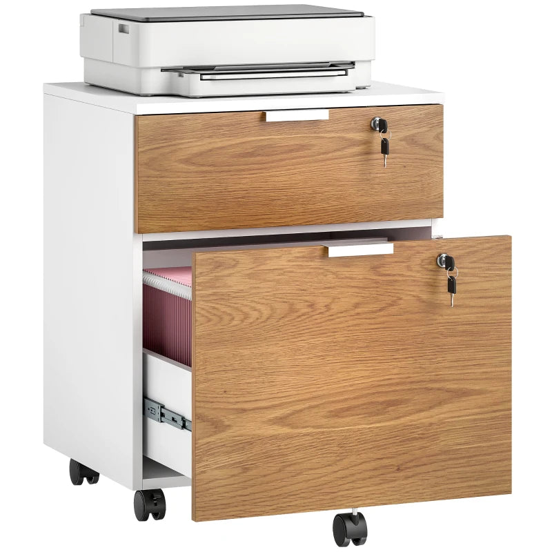2 Drawer Small Filing Cabinet Lockable Office Storage Cabinet with Hanging Bars for A4 Legal Letter White Nature Wood