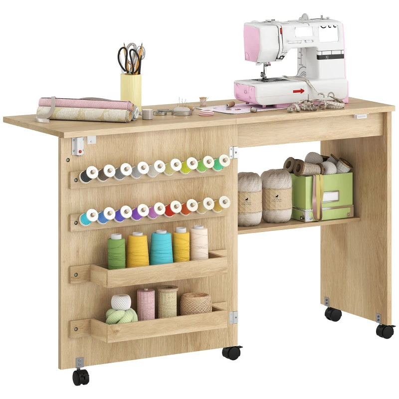 Sewing Machine Table on Wheels, Folding Craft Table with 2 Bins, Storage Shelf, 18 Pegs, Lockable Wheels, Natural