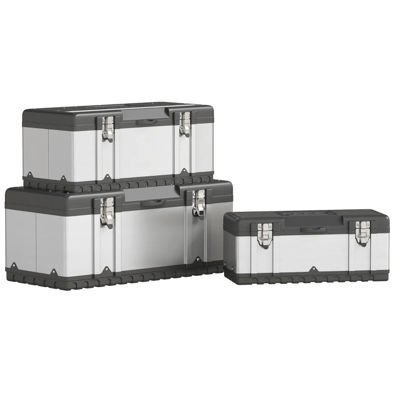 3 Pieces Tool Box Set, Stainless Steel Toolbox with Tray, Handles, Latches, Tool Case for Workshop, Garage