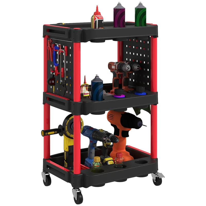 3-Tier Rolling Tool Cart with Wheels, 200 LBS Capacity Plastic Utility Cart for Garage, Warehouse, Workshop, Black & Red