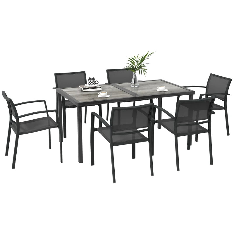 7 Pieces Outdoor Dining Set with 6 Stackable Chairs, Patio Table and Chairs with Plastic Top, Breathable Mesh Seat Back
