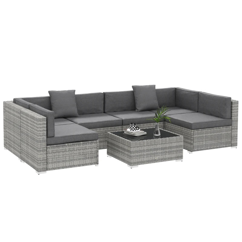 7 Pieces Patio Furniture Set, Rattan Conversation Set Garden Wicker Sofa Set with Washable Cushions and Coffee Table, Grey