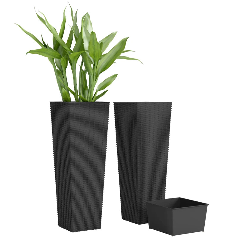 23.6 Inch Tall Planters for Outdoor Plants, Set of 2 Plastic Flower Pots with Drainage Holes, Black