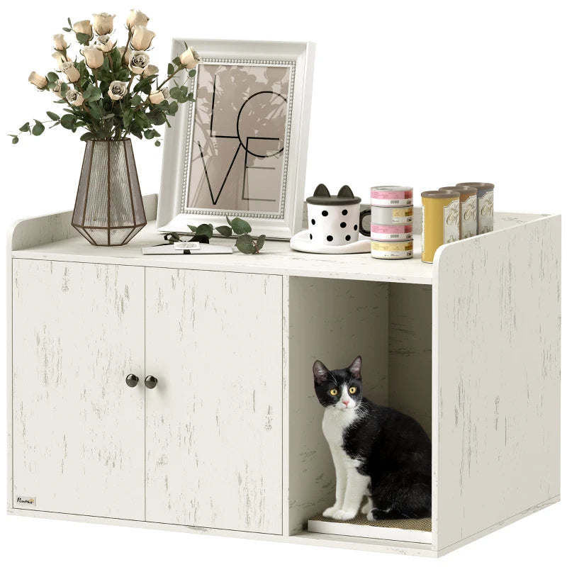 32" Cat Litter Box Enclosure with Scratching Mat, Cat Entrance, Fit Most of Cat and Litter Box, Distressed White