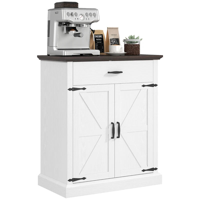 30" Buffet Cabinet, Farmhouse Sideboard with 1.2" Thick Top, 2 Barn Doors, Drawer and Adjustable Shelf, White