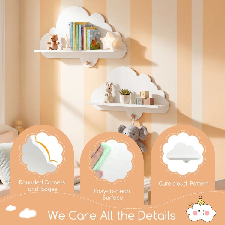 2 Pieces Floating Cloud Shelves Wall Mounted Storage Display Rack-White