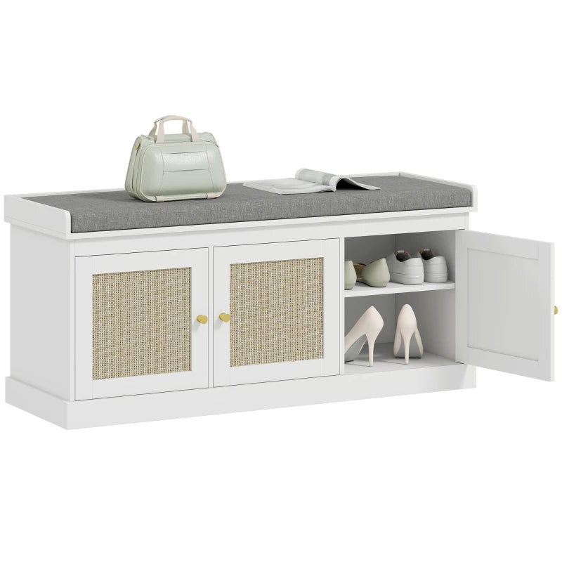 Shoe Storage Bench with Woven Rattan Doors, Shoe Bench with Cushion, Adjustable Shelves, Entryway Bench, White