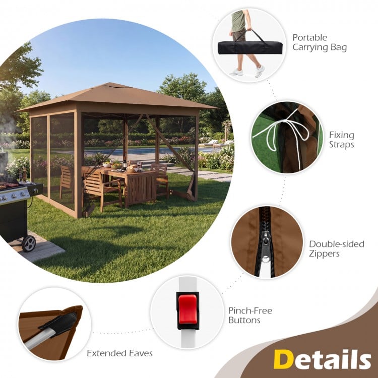 11.5 x 11.5 FT Pop-up Canopy Instant One-Person Setup with Mesh Screen Netting-Brown