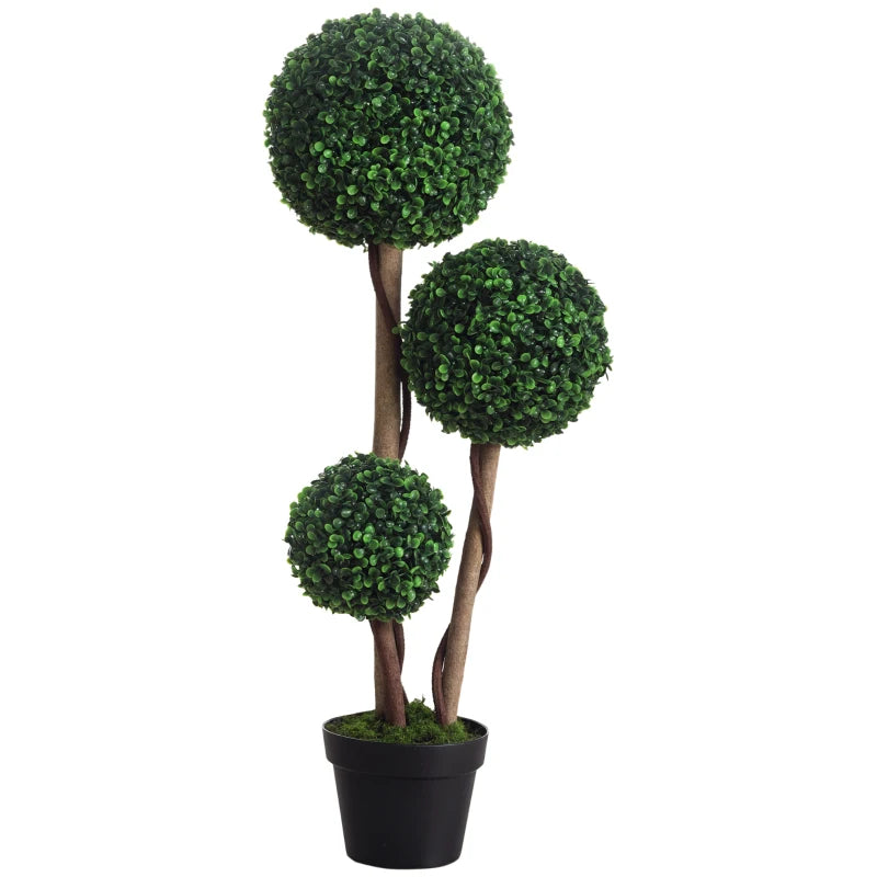 35 Inch Potted Fake Plant, Artificial Boxwood Topiary Tree, Triple Ball Tree for Indoor and Outdoor, Dark Green