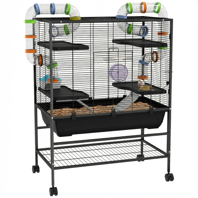 43" Rolling Hamster Cage with Tunnel Tube System, Storage Shelf, Exercise Wheel, Food Dish, Water Bottle, Ramp