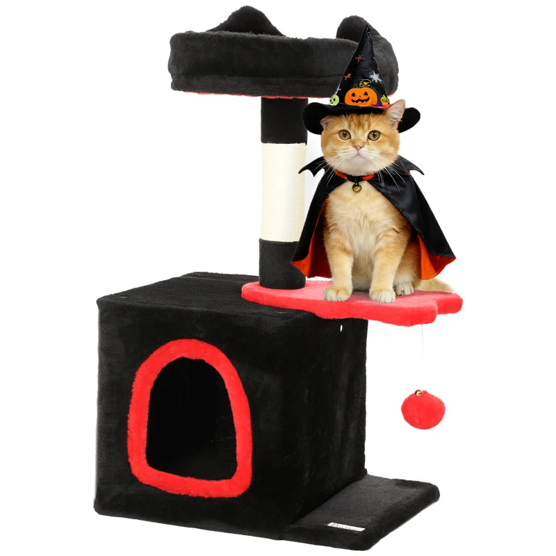 28" Gothic Cat Tree Tower with Plush Top Bed, Cozy Condo, Sisal Scratching Post, Perch, Dangling Ball, Red & Black
