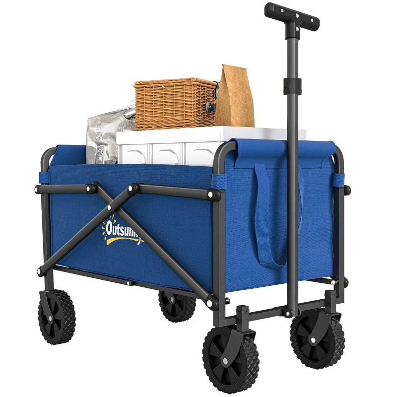 Small Collapsible Folding Garden Cart, Heavy Duty Lawn Wagon with Universal Wheels and Adjustable Handle, Blue