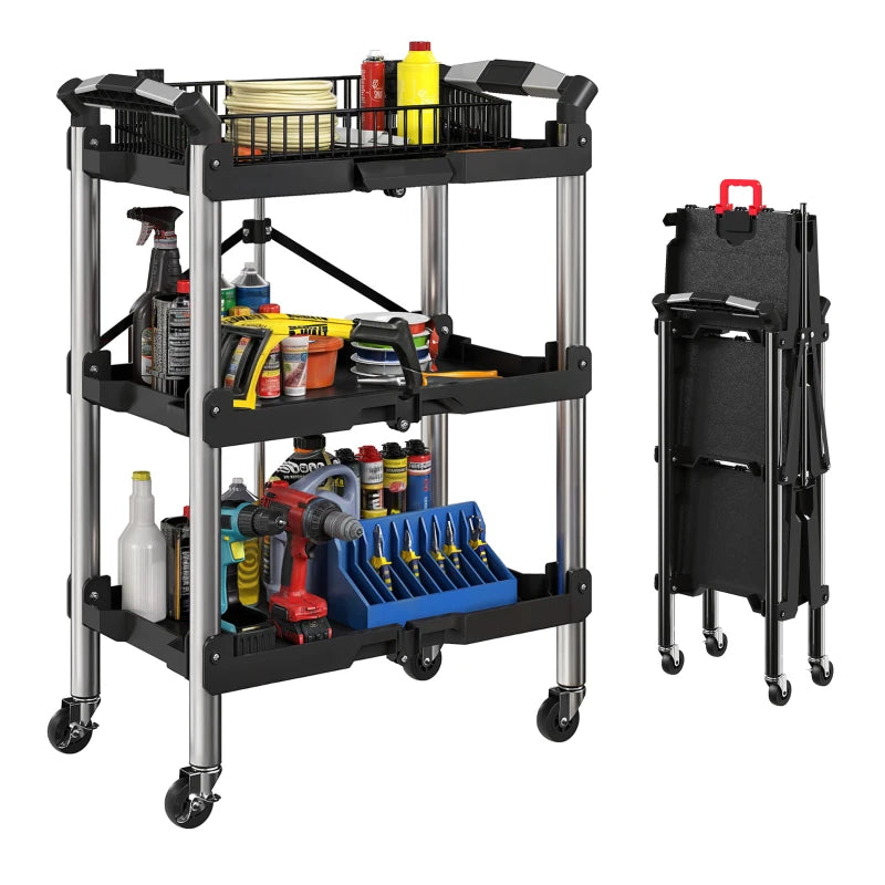 3-Tier Collapsible Tool Cart with Wheels, 150 LBS Capacity Folding Utility Cart with Handles for Garage Workshop, Black