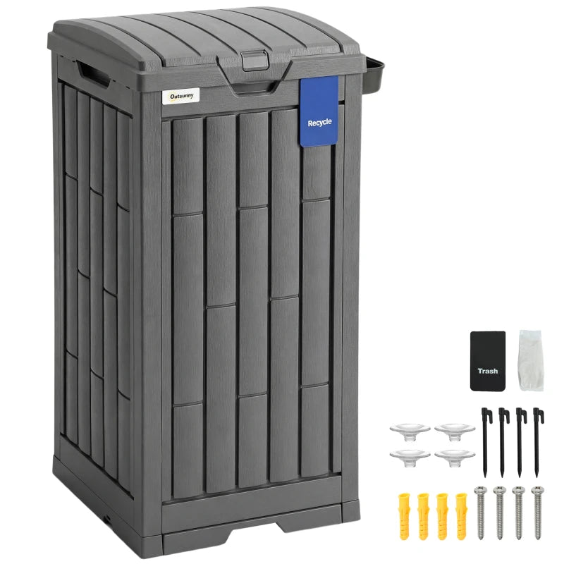 29 Gallon Outdoor Garbage Bin with Dual Lid, Plastic Outdoor Waste Trash Can with Side Holder and Drip Tray, Grey