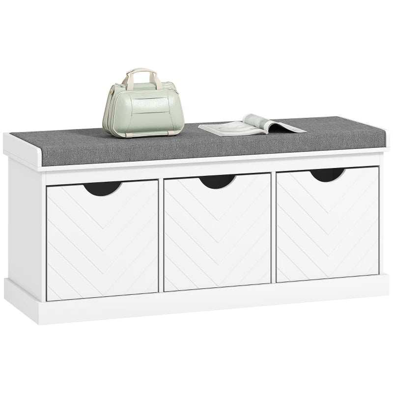 Shoe Storage Bench, Linen-Look Entryway Bench with 3 Removable Drawers and Padded Seat Cushion for Hallway, White