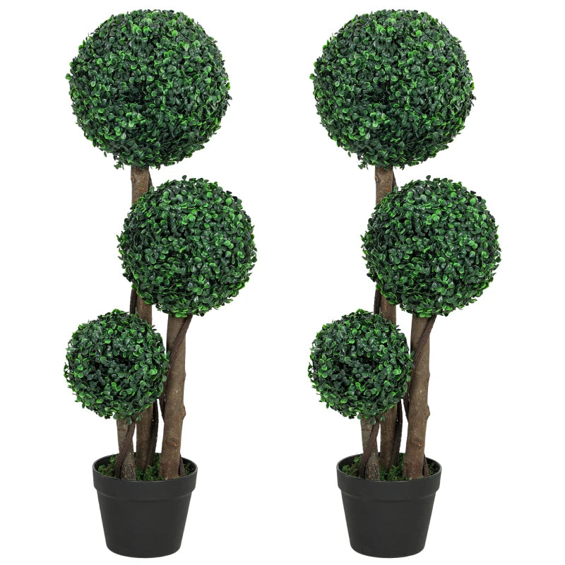 35 Inch Potted Fake Plant Set of 2, Artificial Boxwood Topiary Tree, Triple Ball Tree for Indoor and Outdoor, Green